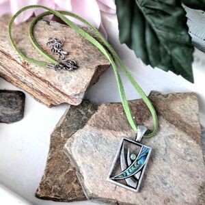 Lia Sophia Necklace Antique Silvertone Abalone Inlay Mint Green Suede Cord 19"